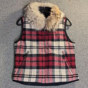 Woolrich Reversible Down Vest - Red Plaid & Coyote Fur Trim Women's Size Small